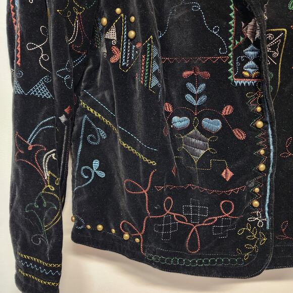 Chicos 1 Black Velvet Embroidered Blazer Jacket Size M 8 Studded Boho Whimsigoth - Picture 6 of 15